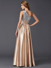 A-Line/Elegant One-Shoulder Sleeveless Paillette Long Elastic Woven Satin Prom Evening Dresses